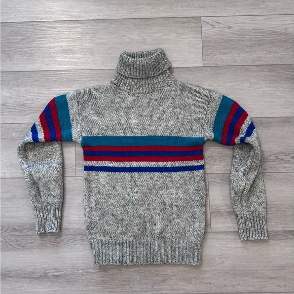1980s VINTAGE DIANE VON FURSTENBERG Sweater Sz S Wool Blend Gray Red Blue Stripe - Picture 2 of 10